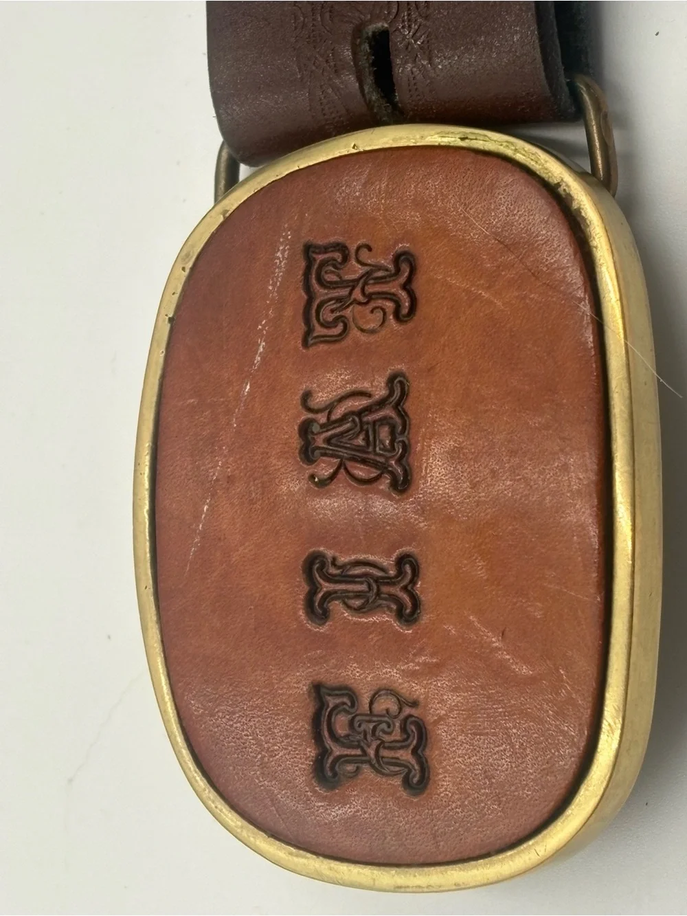 Vintage FIAT Solid Brass Buckle Genuine Cowhide Embossed Leather Belt Italy 74